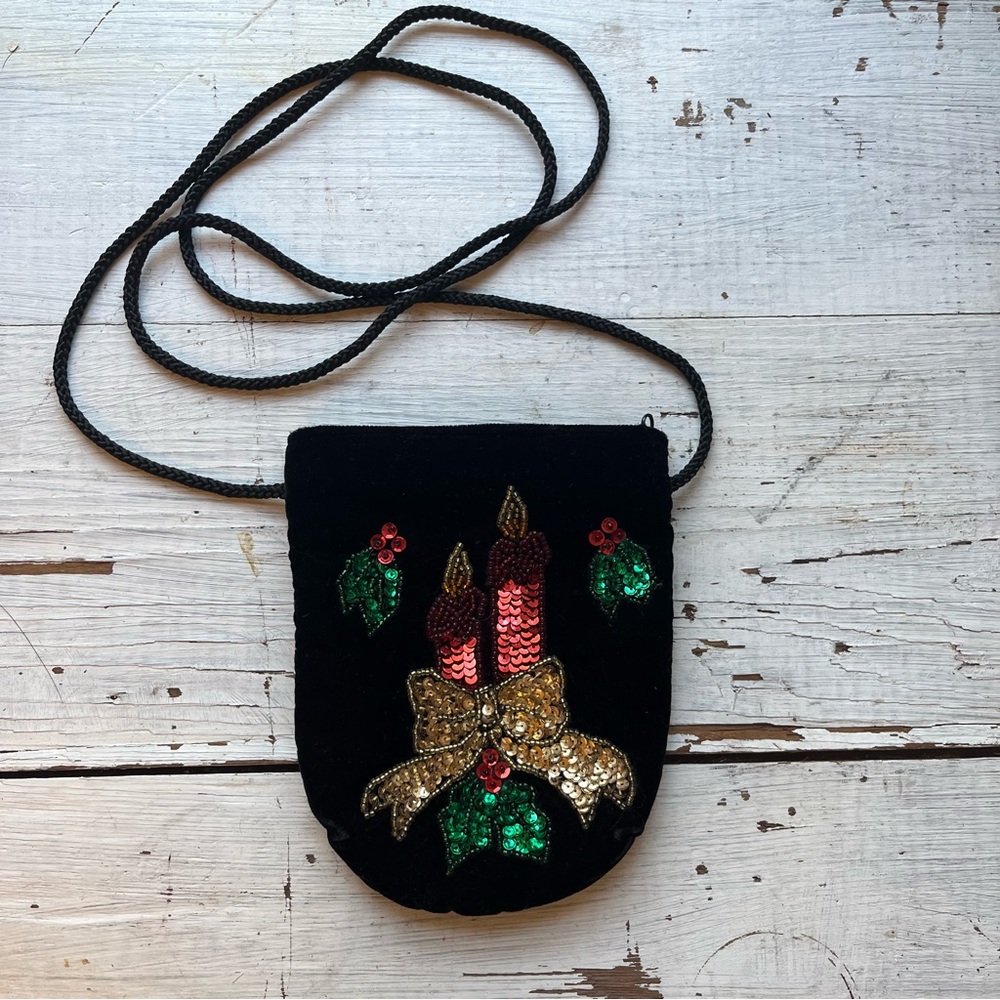 Vintage Velvet Mini Purse Sequin and Beaded Christmas Candles & Holly Design